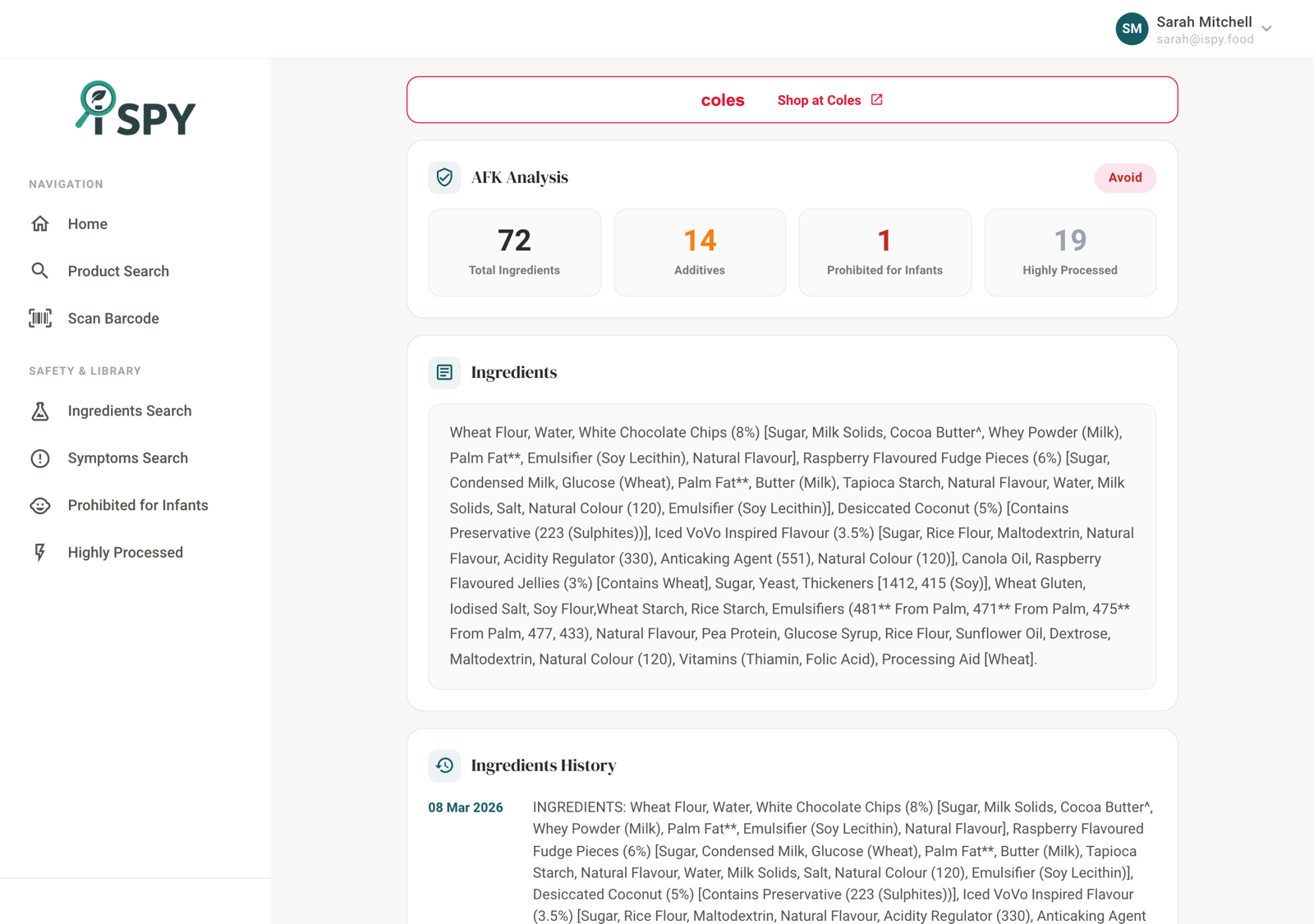iSpy.Food product analysis showing 72 total ingredients, 14 additives, 1 prohibited for infants and 19 highly processed, above the full decoded ingredient list